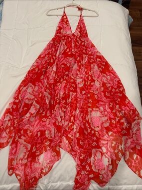 Juicy Couture Red and Pink Floral Halter Dress with handkerchief hem size 2